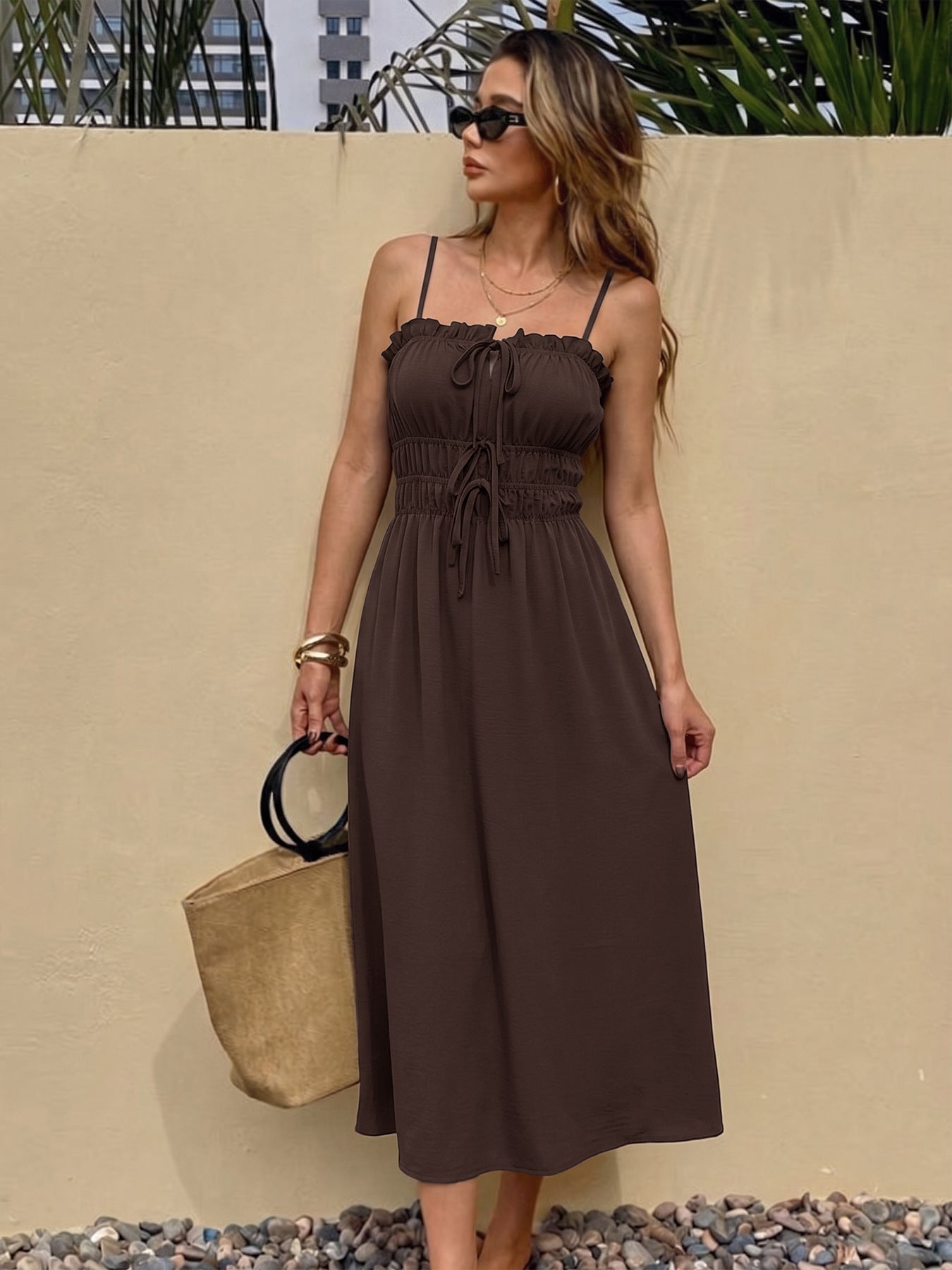 Brown Smocked Waist Maxi Dress Spaghetti Strap Summer
