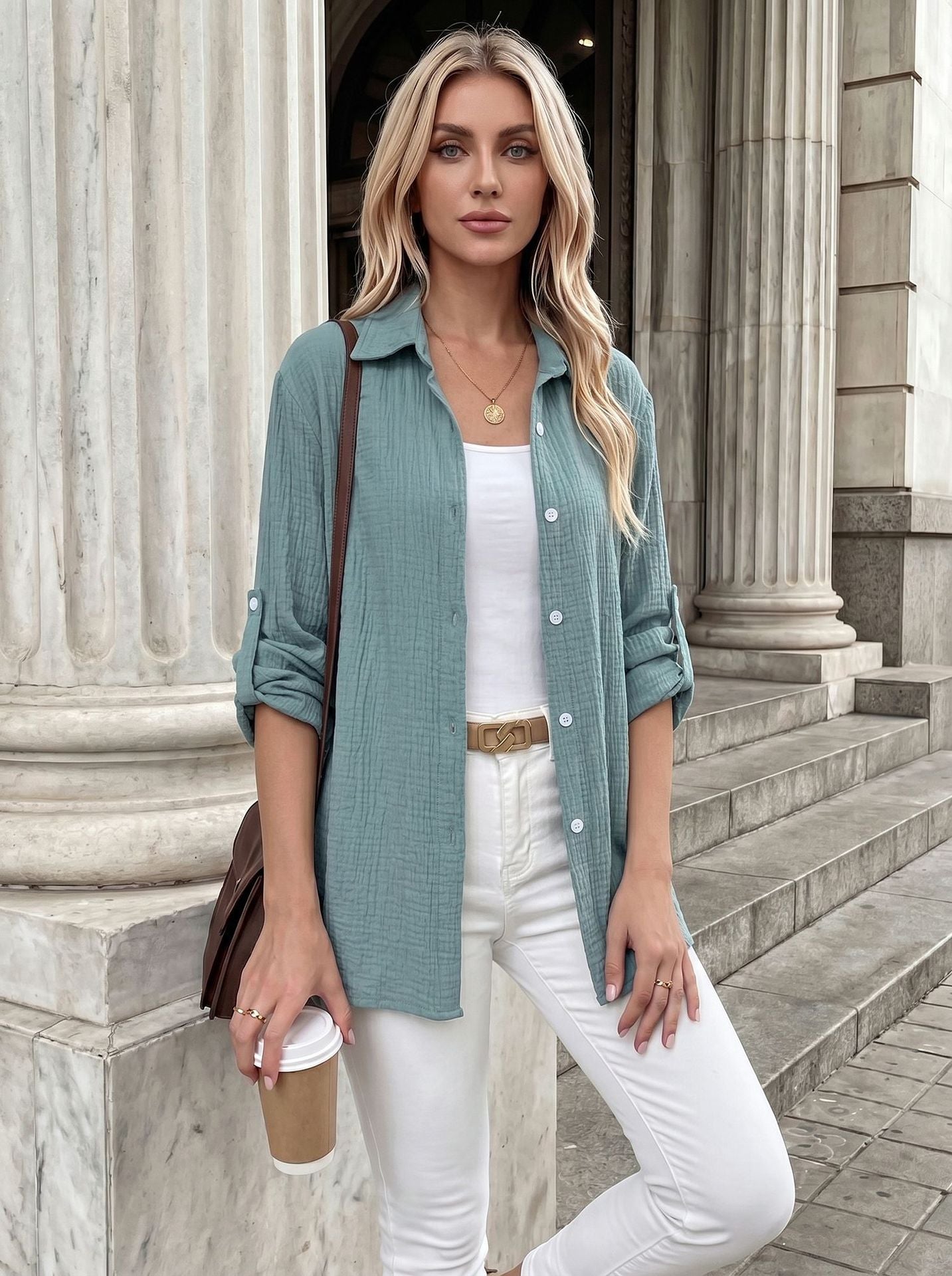 Textured Button Up Long Sleeve Shirt Jacket