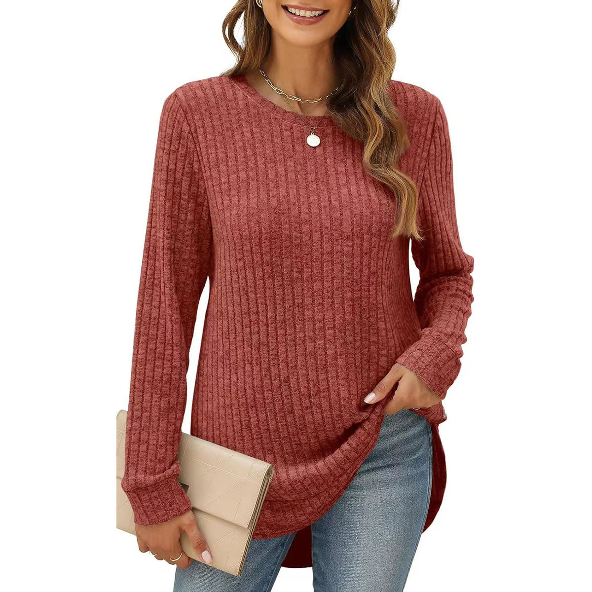 Women's Oversized Ribbed Long Sleeve Crew Neck Tunic Top