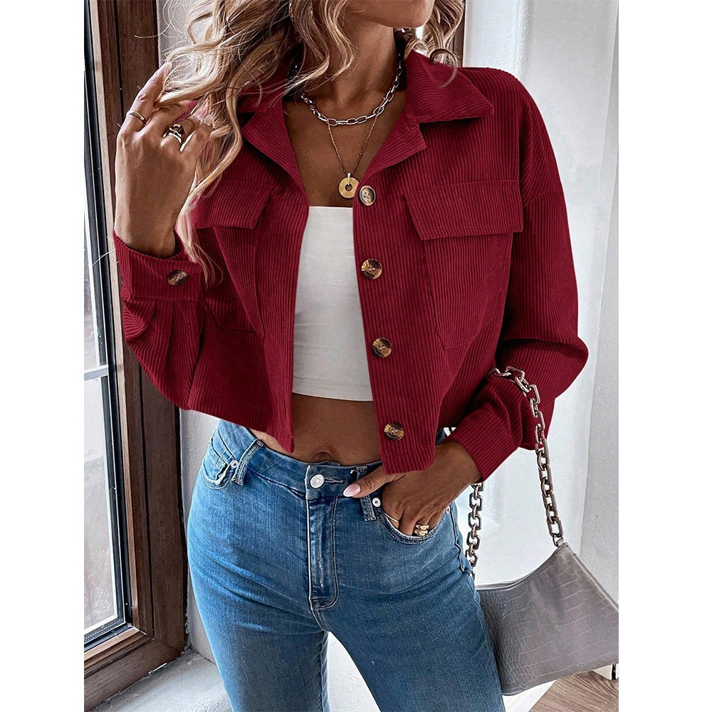 Women Corduroy Cropped Shacket Button Up Jacket