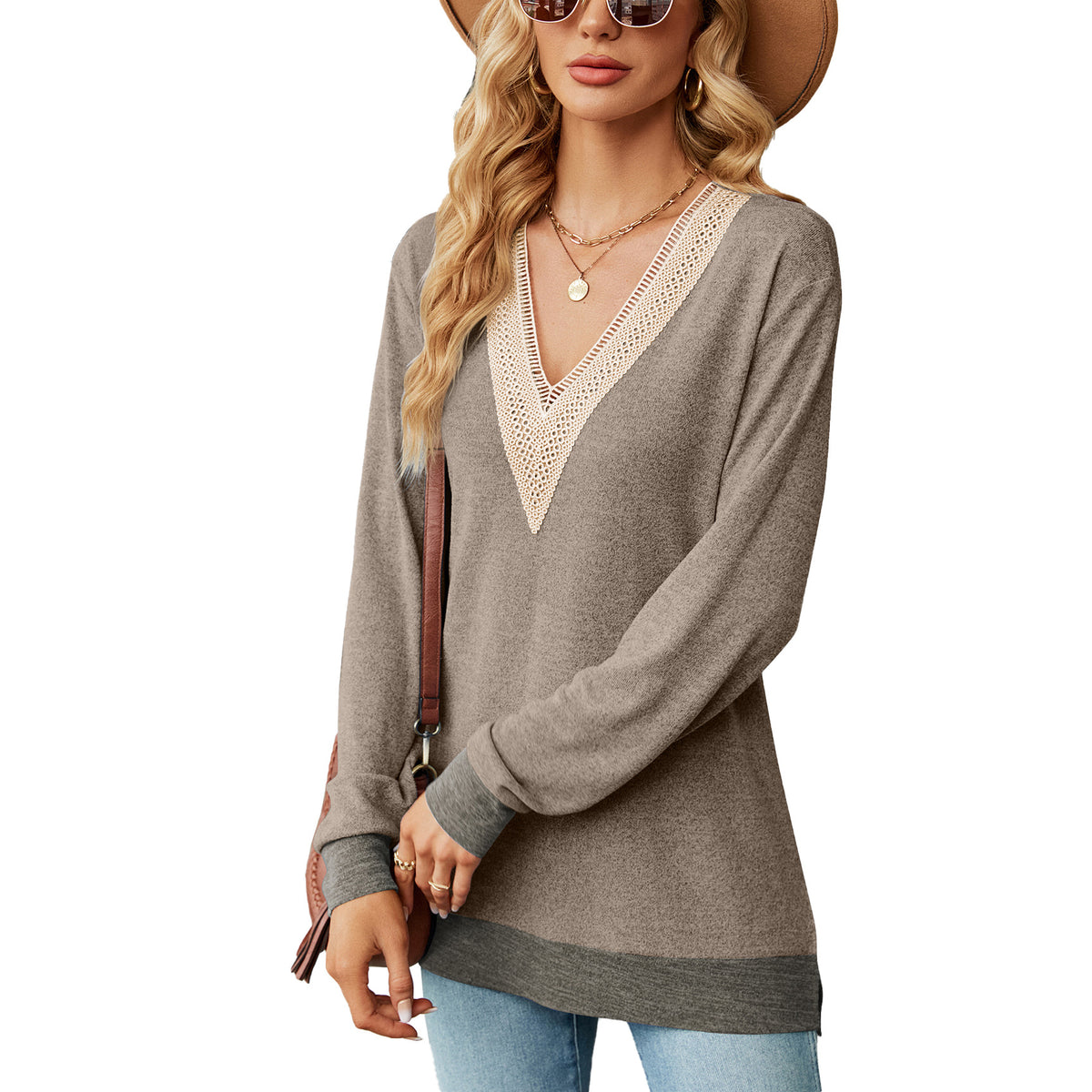 Lace V Neck Color Block Long Sleeve Tunic Top Side Split