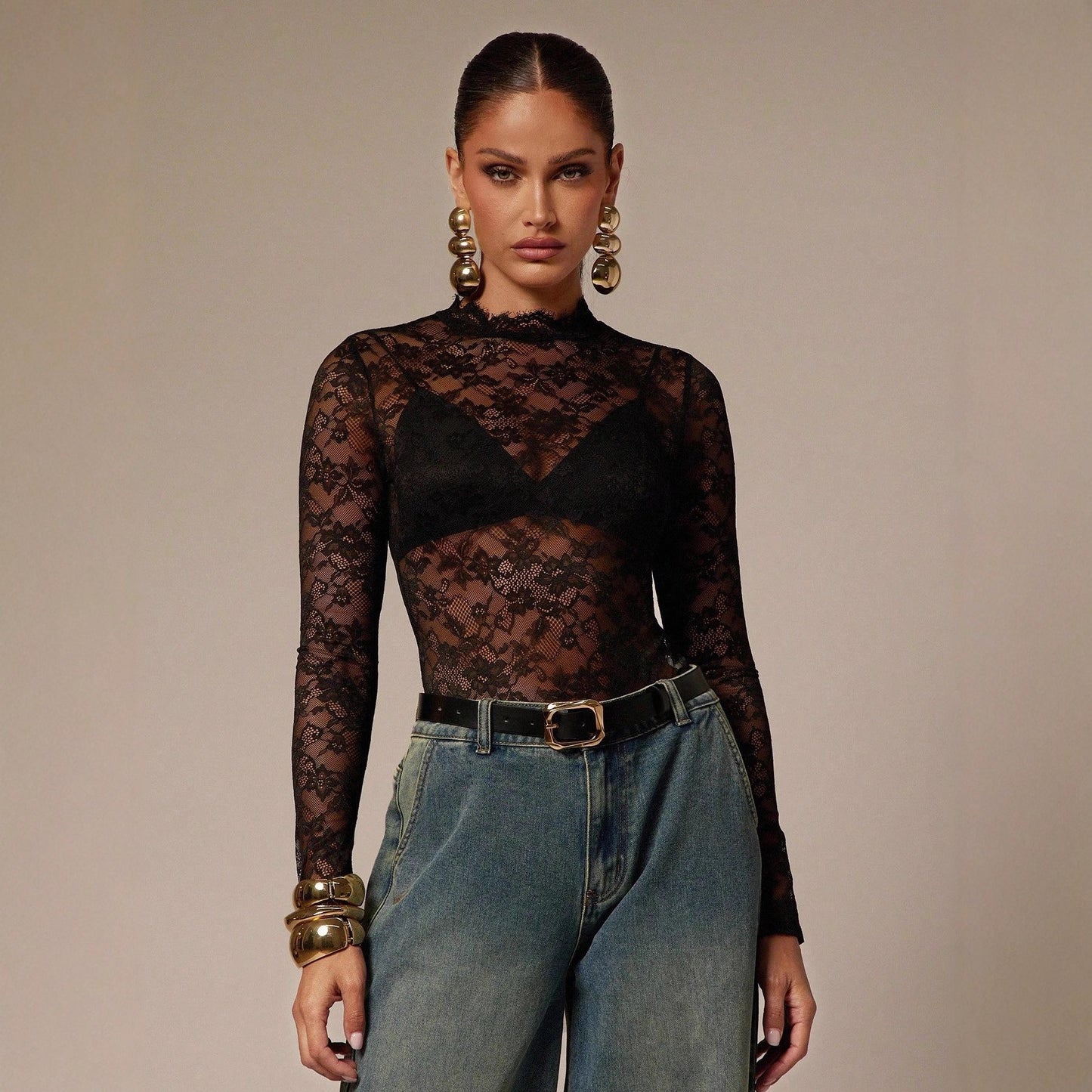 Black Lace Mock Neck Long Sleeve Sheer Bodysuit Top