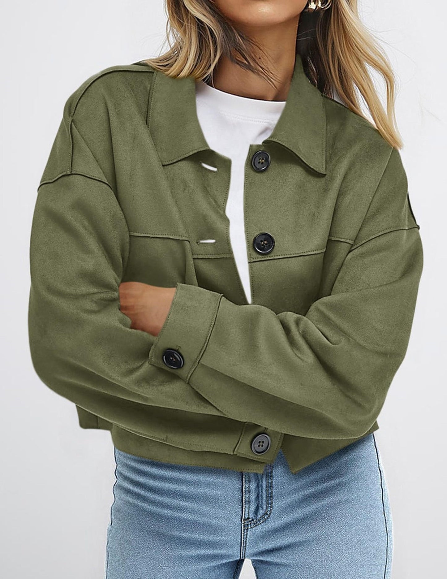 Solid Suede Jacket Western Cropped Button Front
