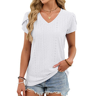 V Neck Eyelet Knit Top Flutter Sleeve Loose Tee