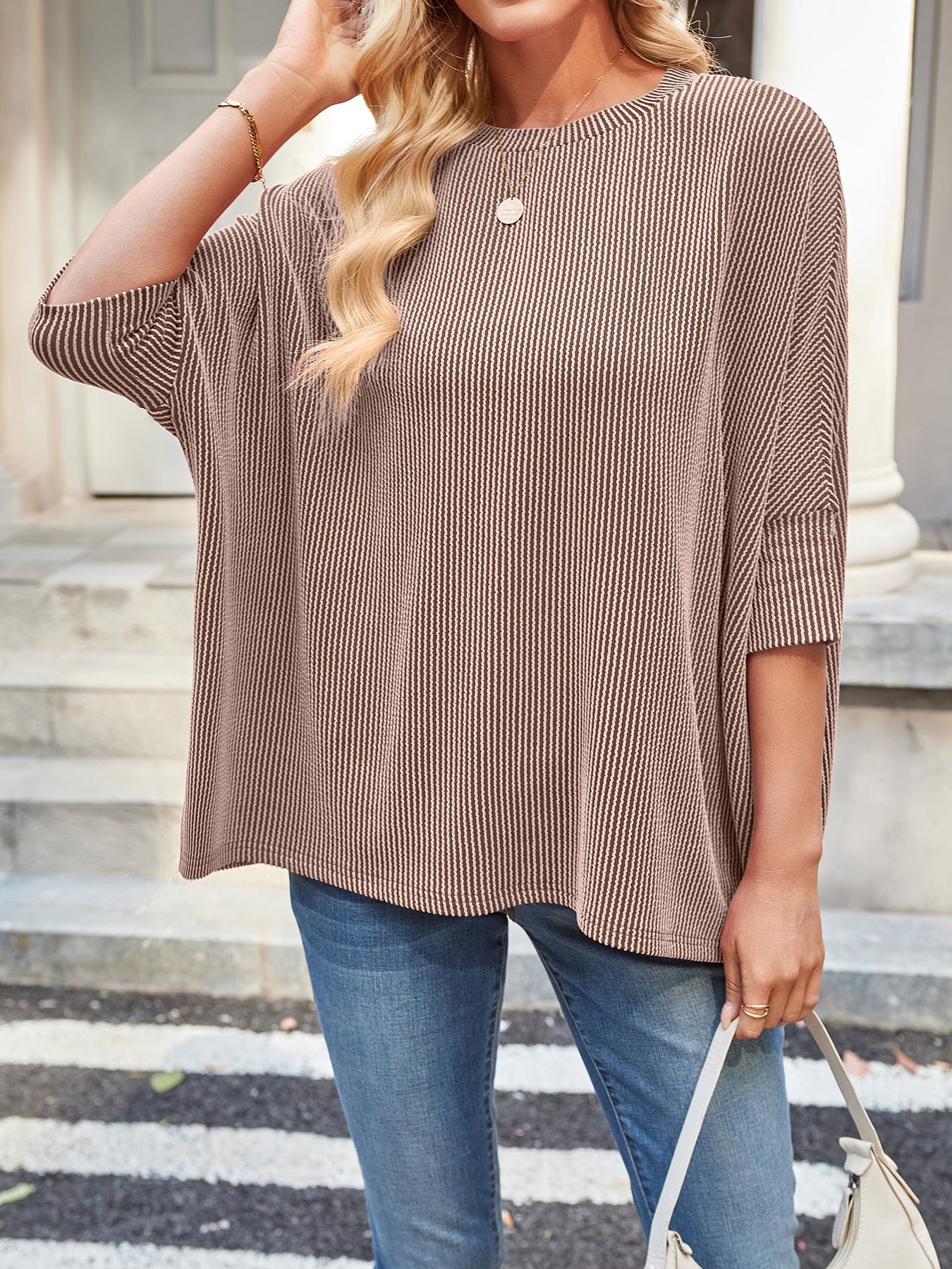Ribbed Oversized Batwing Sleeve Crewneck Tee Top