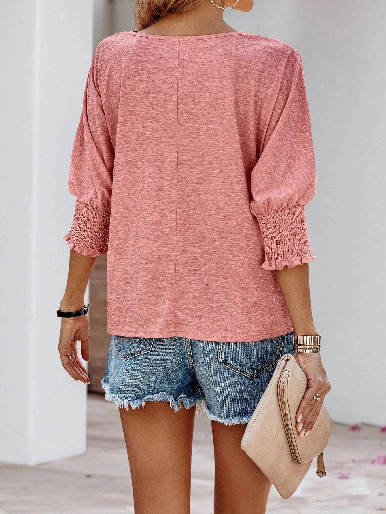 Solid Rayon Blouse Casual Boutique Smocked Sleeve