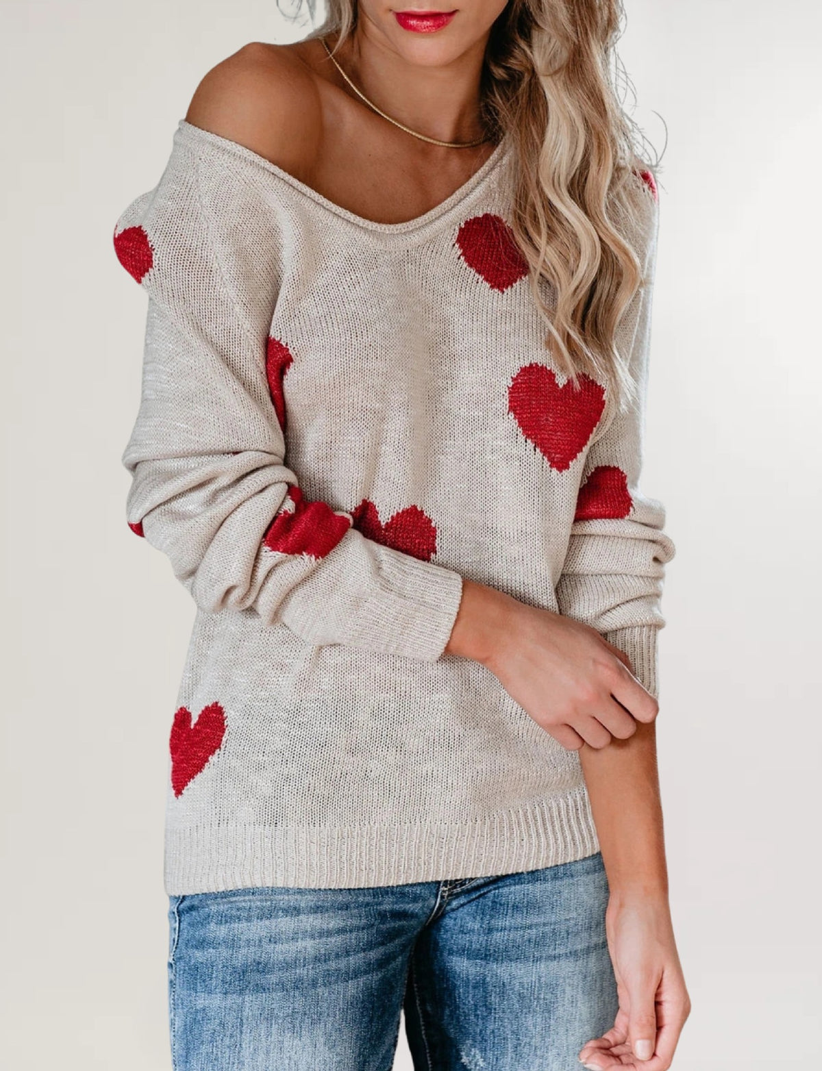 Women's Oversized Heart V Neck Valentine Sweater