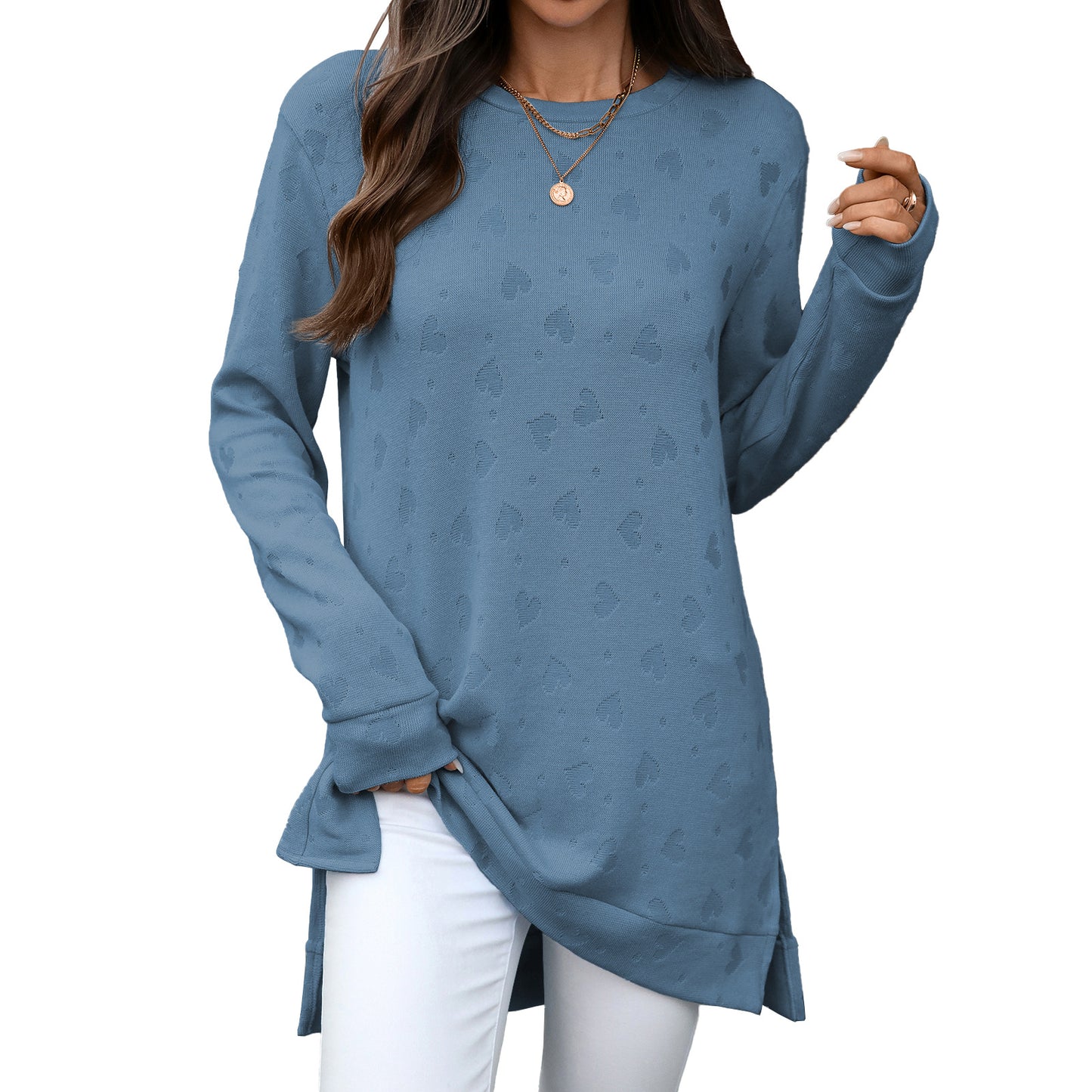 Oversized Crew Neck Long Sleeve Side Slit Knit Tunic Top