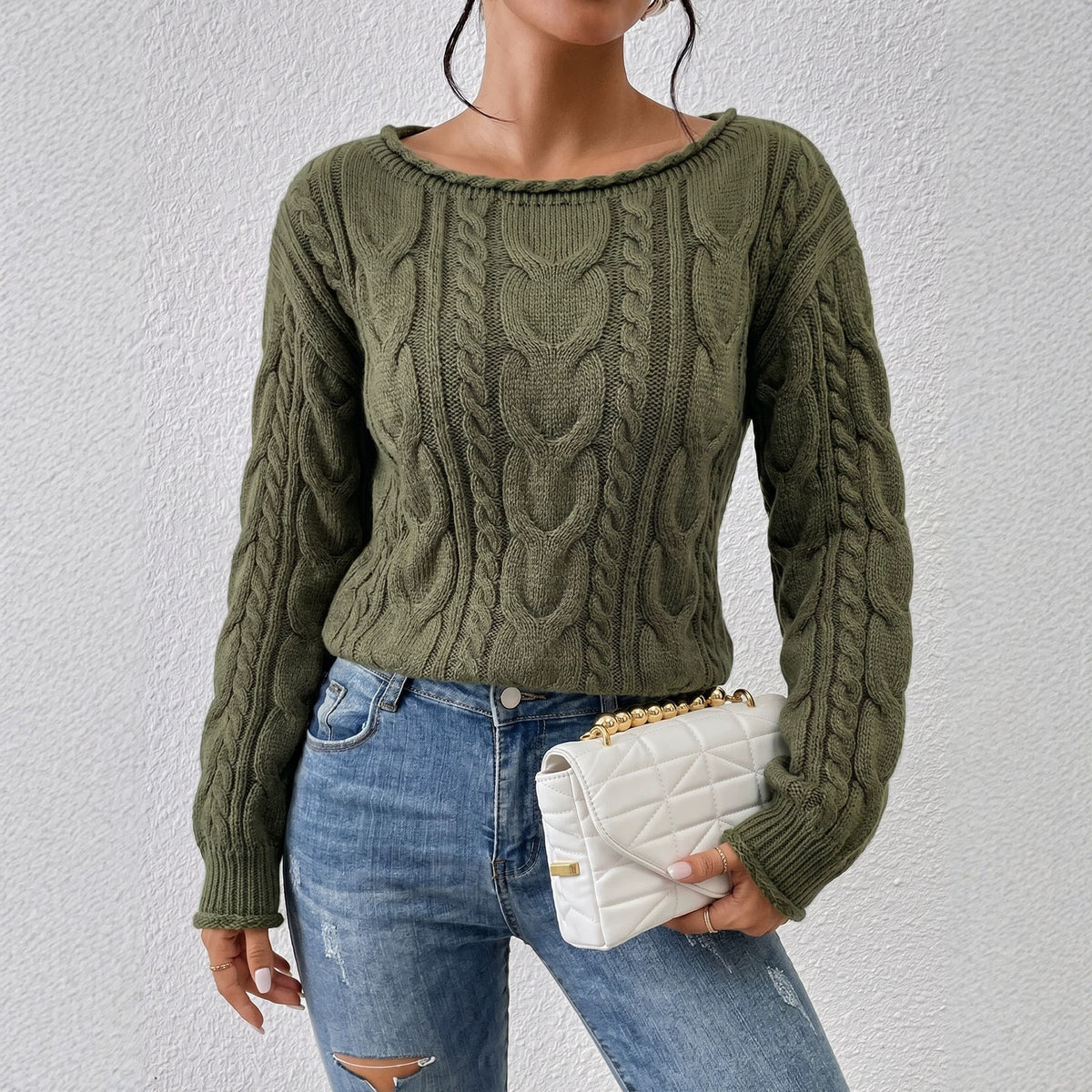 Women's Off Shoulder Cable Knit Oversized Pullover Sweater
