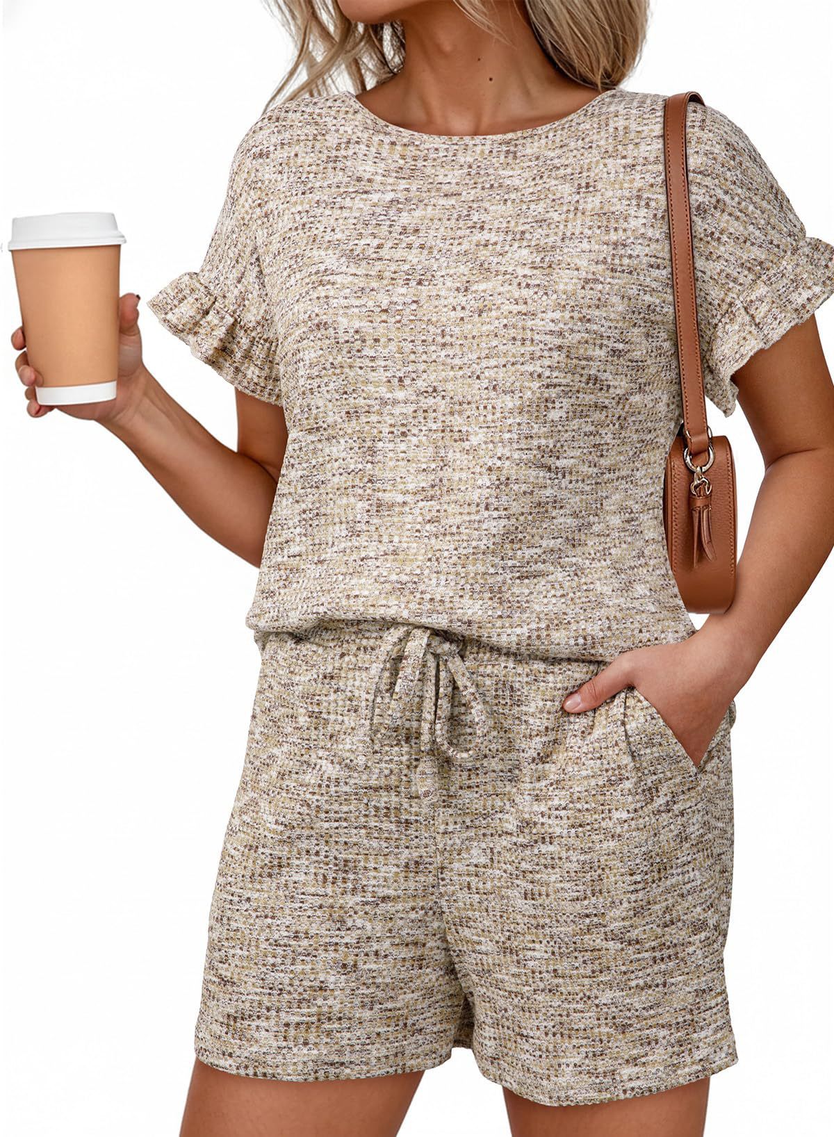Textured Knit Lounge Set Ruffle Sleeve Drawstring Shorts
