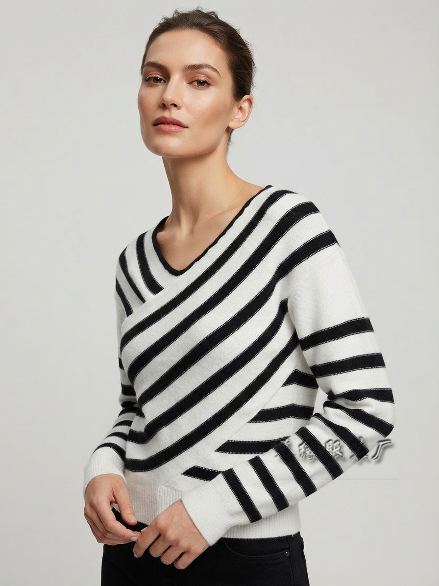 Women Striped Off Shoulder Sweater Asymmetric Knit Top