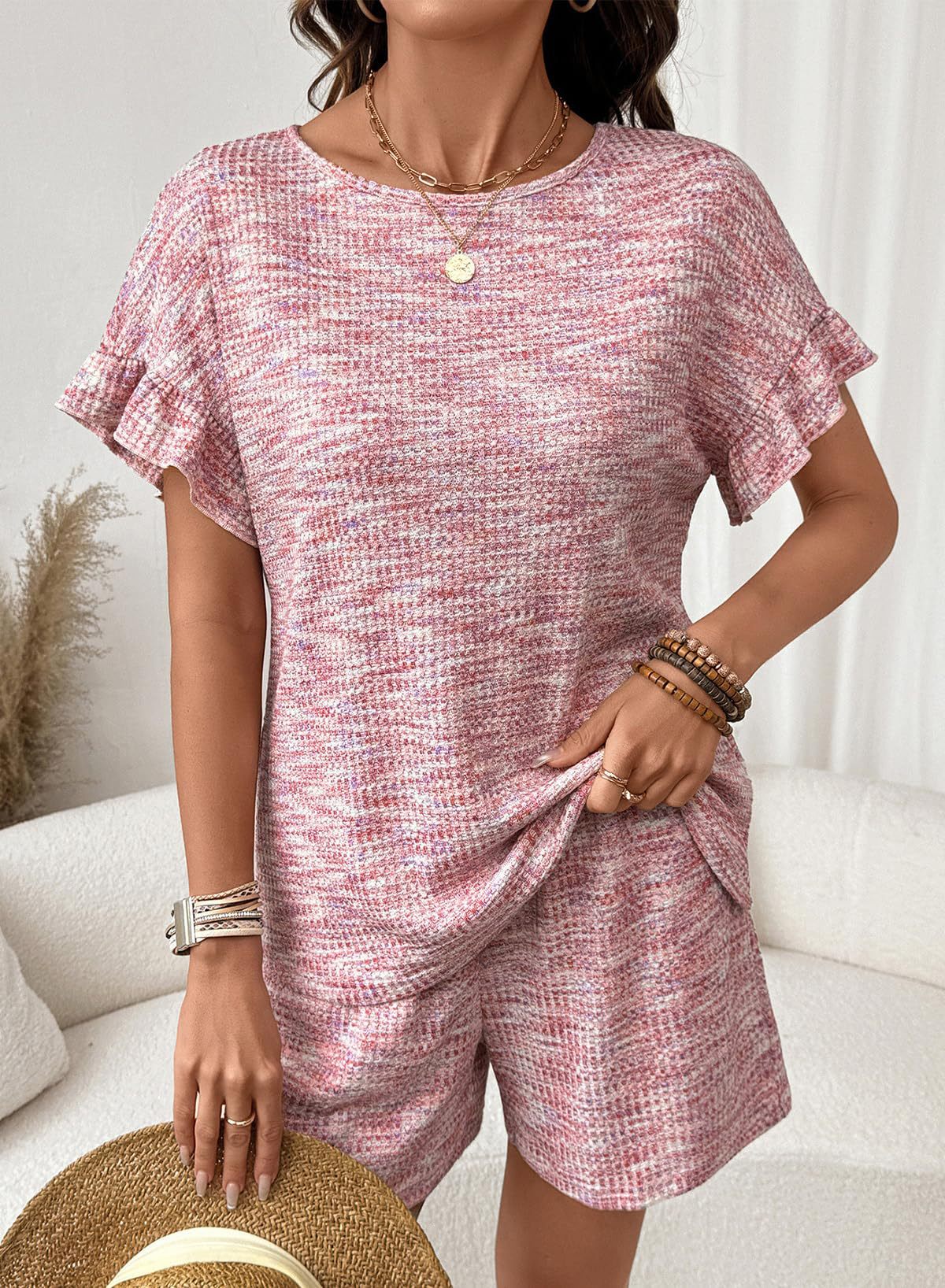 Textured Knit Lounge Set Ruffle Sleeve Drawstring Shorts