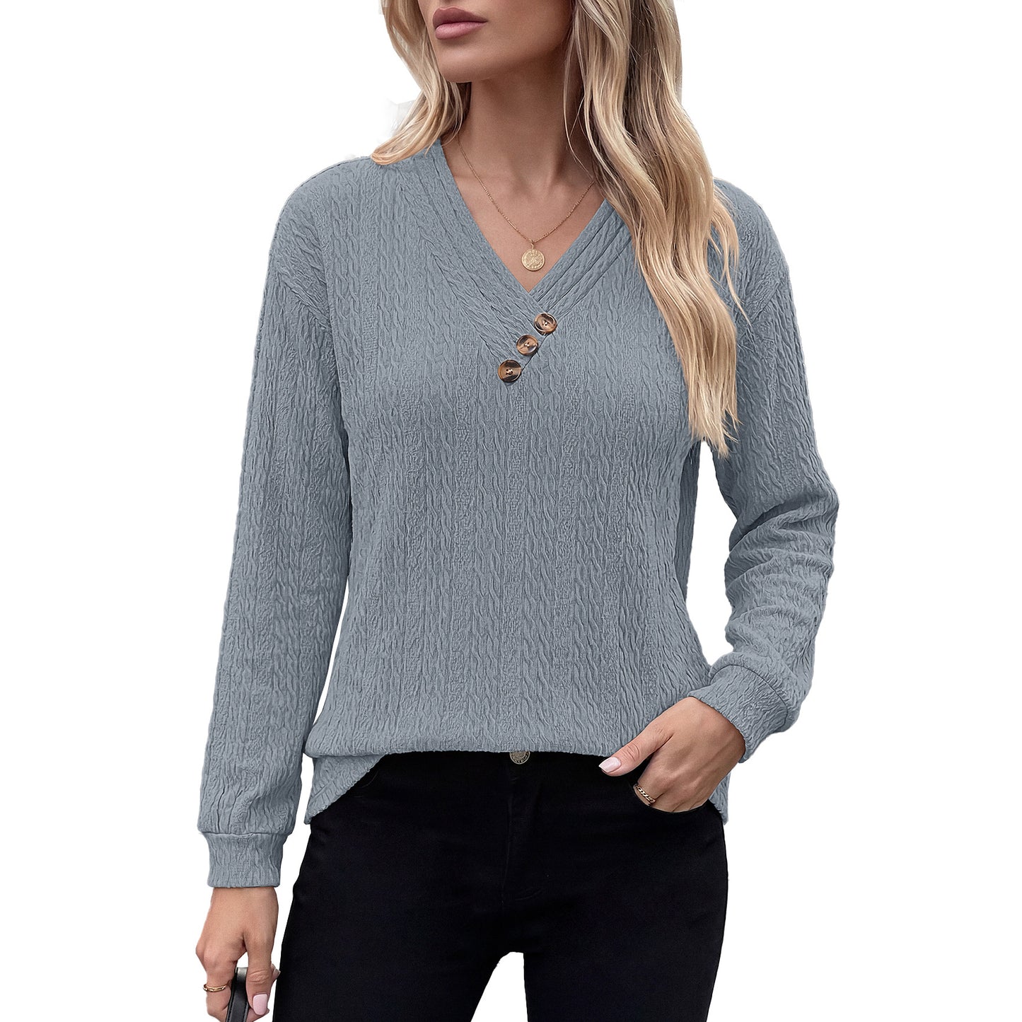Womens Loose V Neck Button Long Sleeve Textured Top