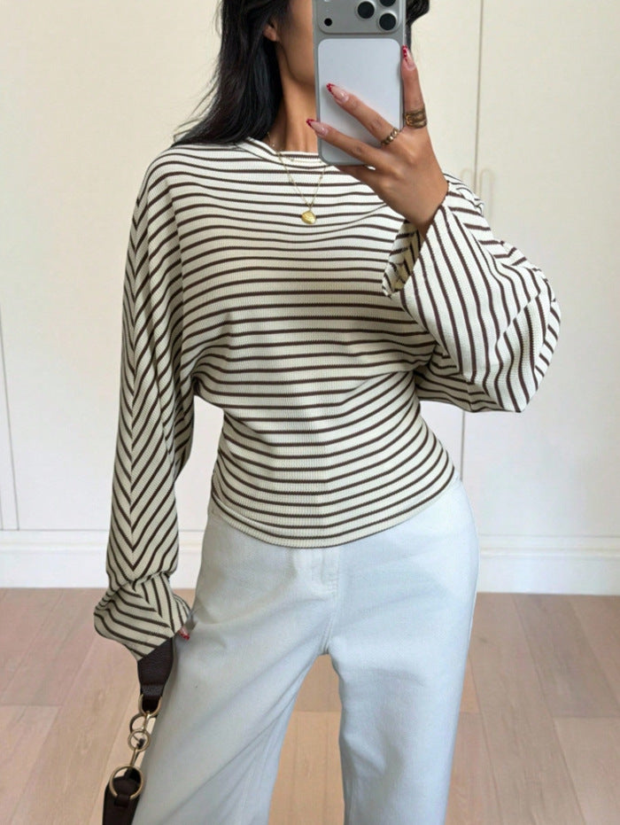 Women's Striped Batwing Waffle Knit Long Sleeve Top