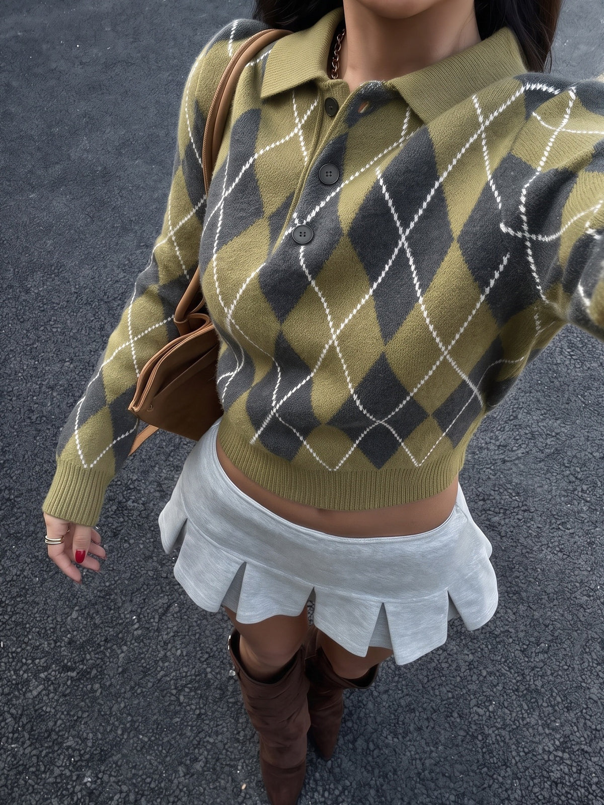 Women's Argyle Collared Sweater Long Sleeve Pullover Green