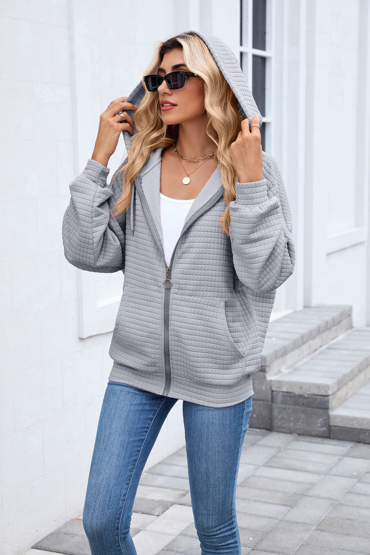 Quilted Zip-Up Hoodie Jacket | Casual Long Sleeve Sweatshirt