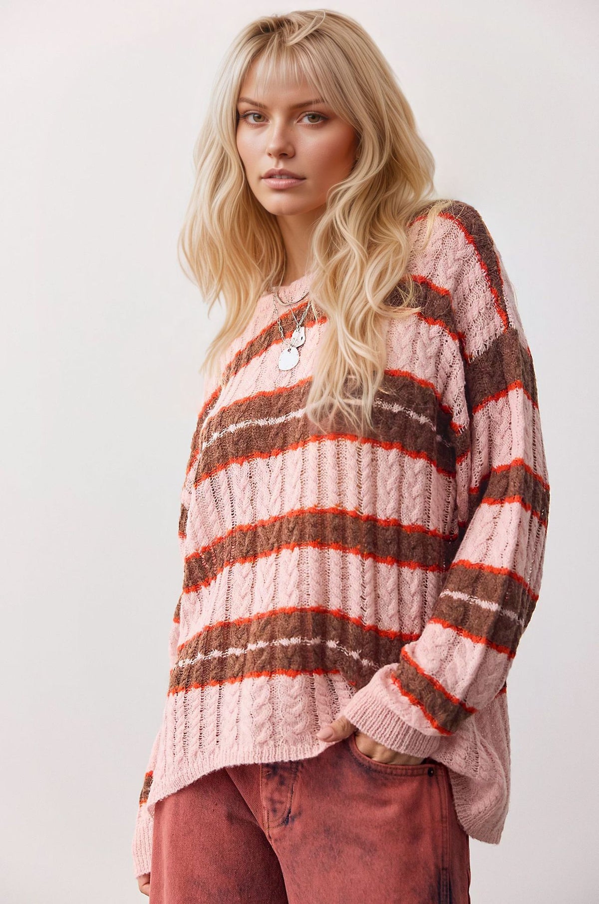 Women's Oversized Striped Cable Knit Pullover Sweater