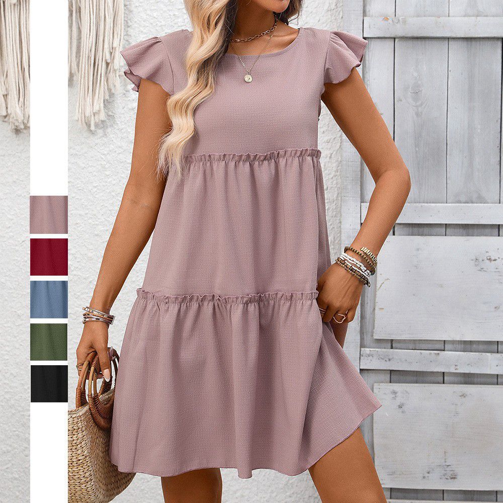 Ruffle Sleeve Tiered Boho Summer Dress Casual Solid Style