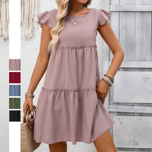 Ruffle Sleeve Tiered Boho Summer Dress Casual Solid Style