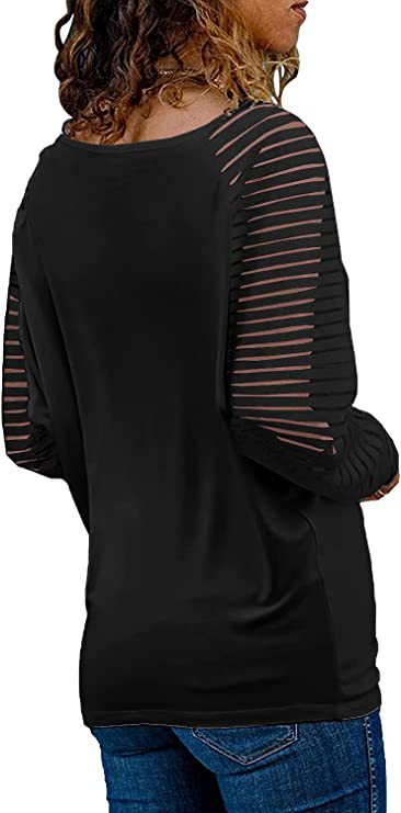 Striped Cotton Top Casual V Neck Sheer Sleeves