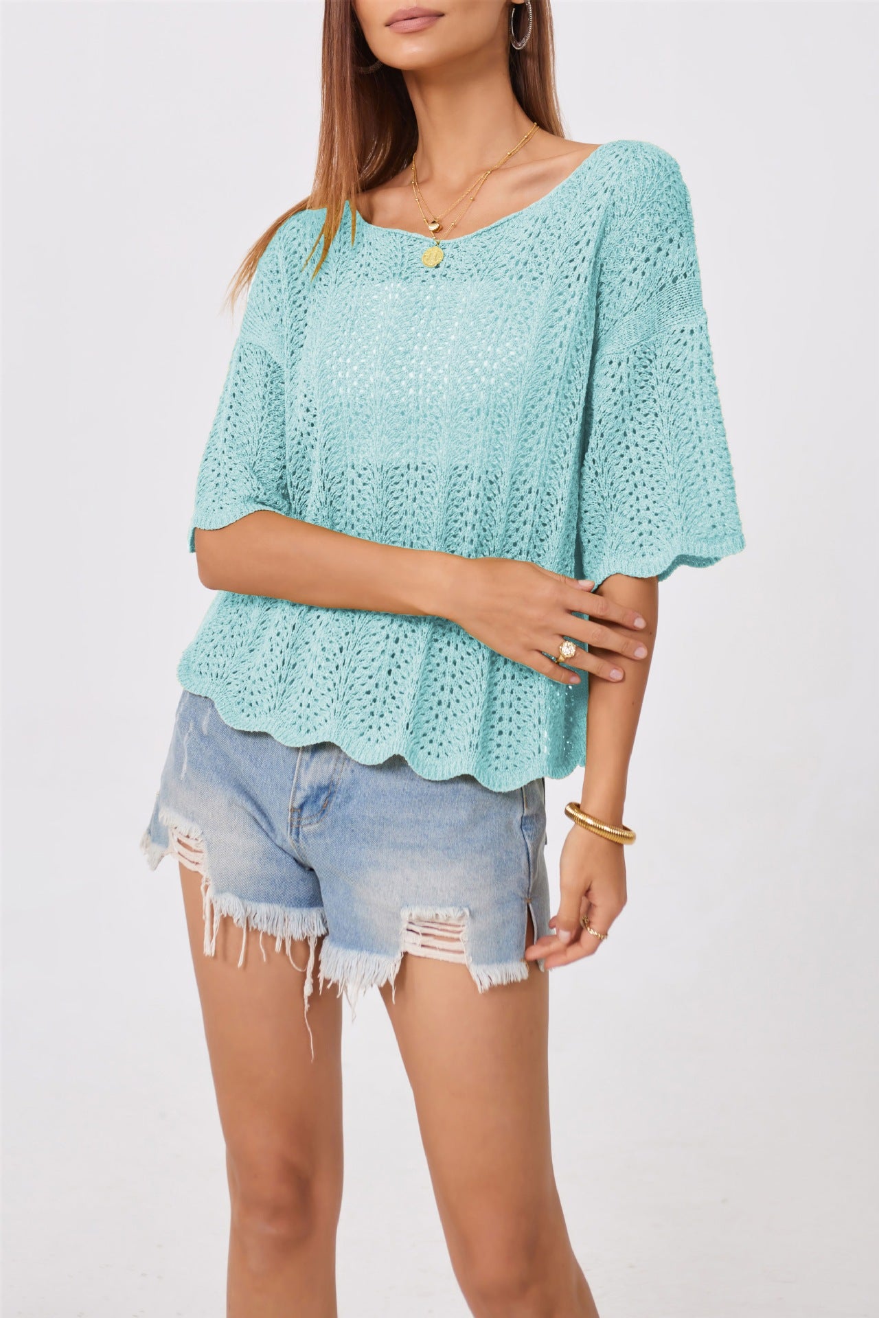 2026 Summer Women’s Loose Knit Hollow Round Neck Top