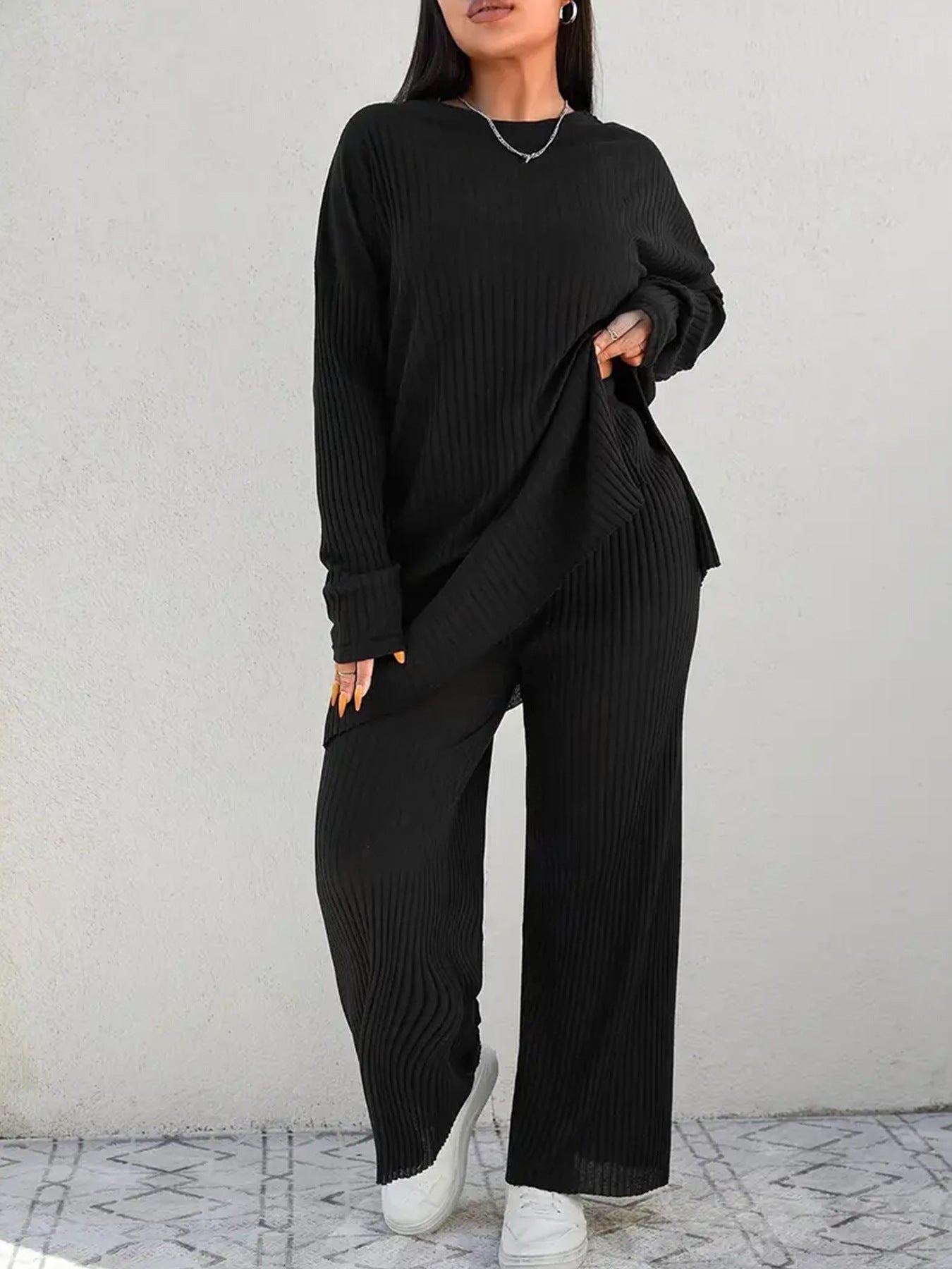 Plus Size Ribbed Knit Lounge Pants Set