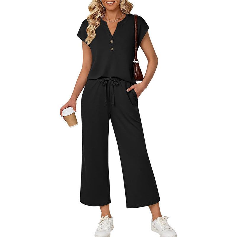 Women’s Button V-Neck Top Wide Leg Pants Set