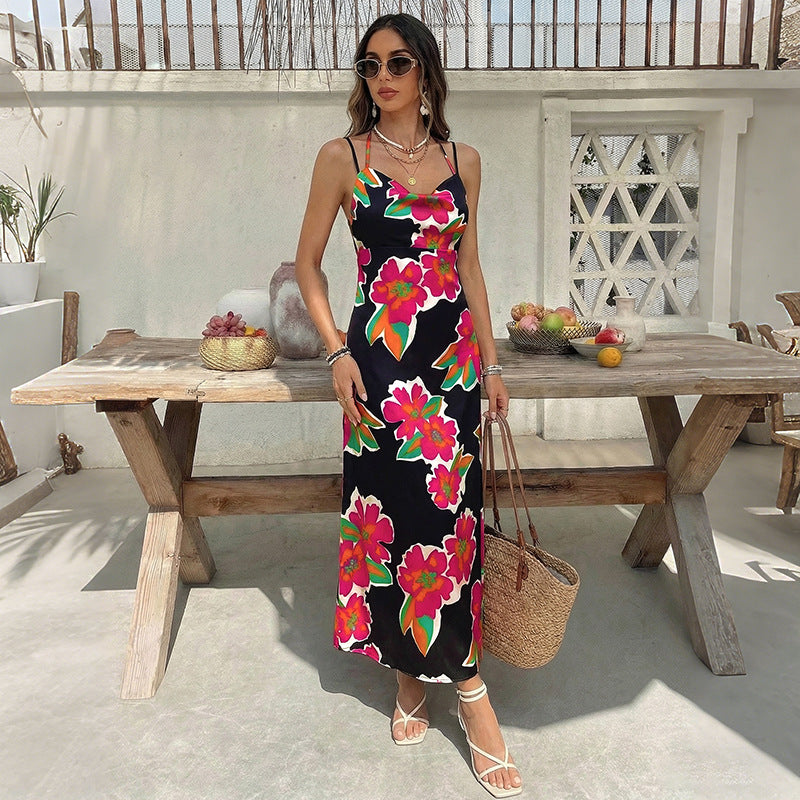 Floral Print Midi Dress Backless Vacation Style