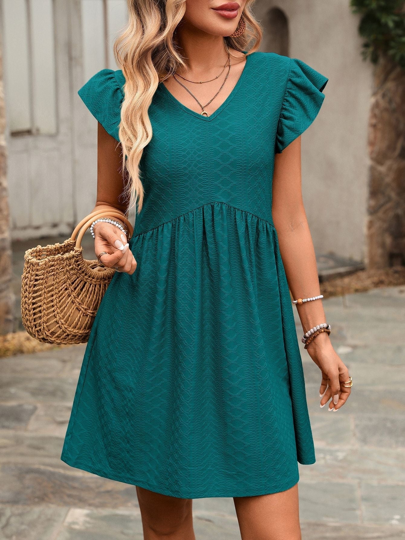 Textured V Neck Flutter Sleeve Pocket Mini Dress