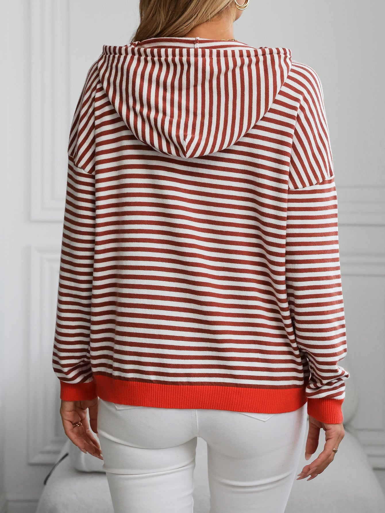 Women's Striped Contrast Long Sleeve Casual Sweater Hoodie