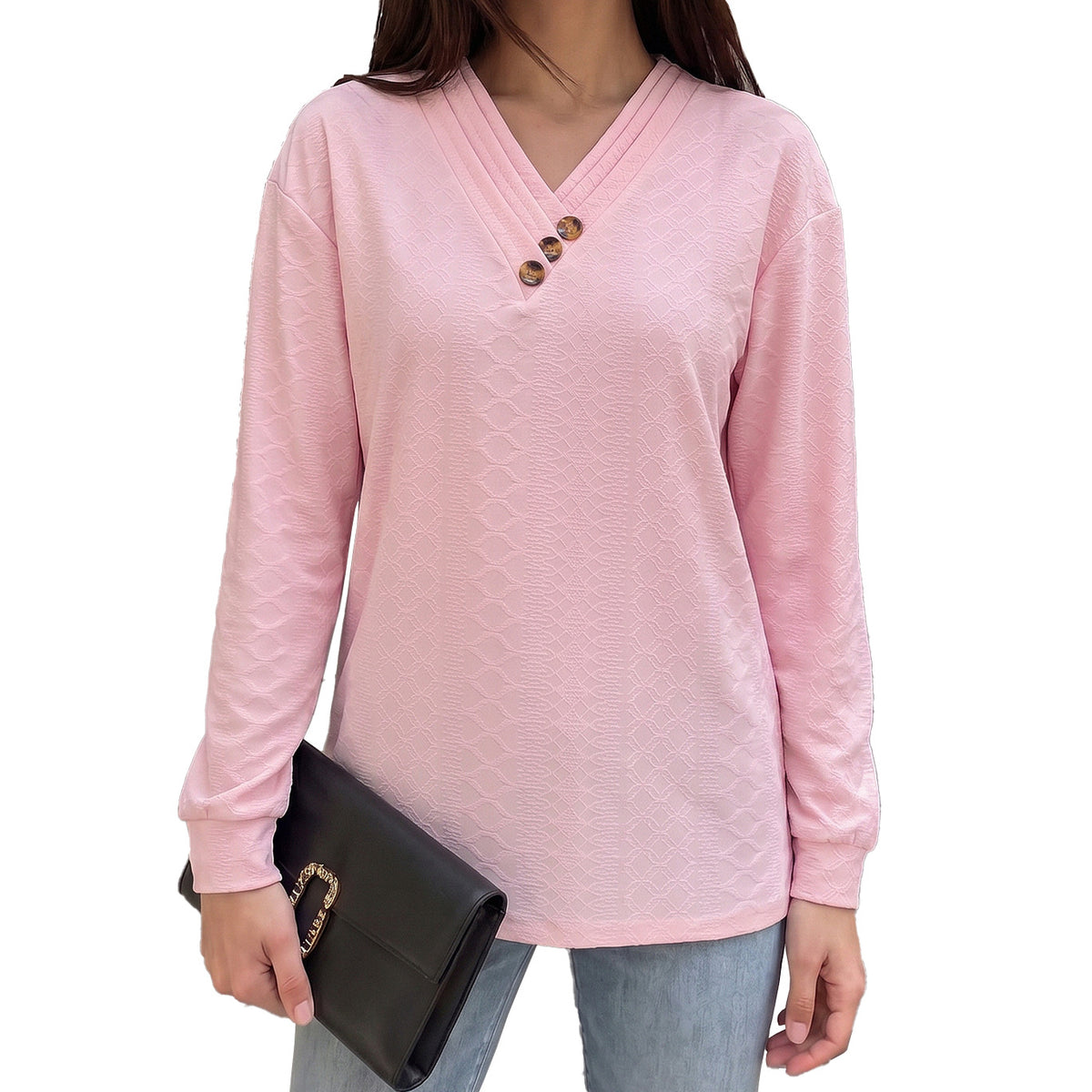 Women's V-Neck Button Detail Textured Long Sleeve Tunic Top