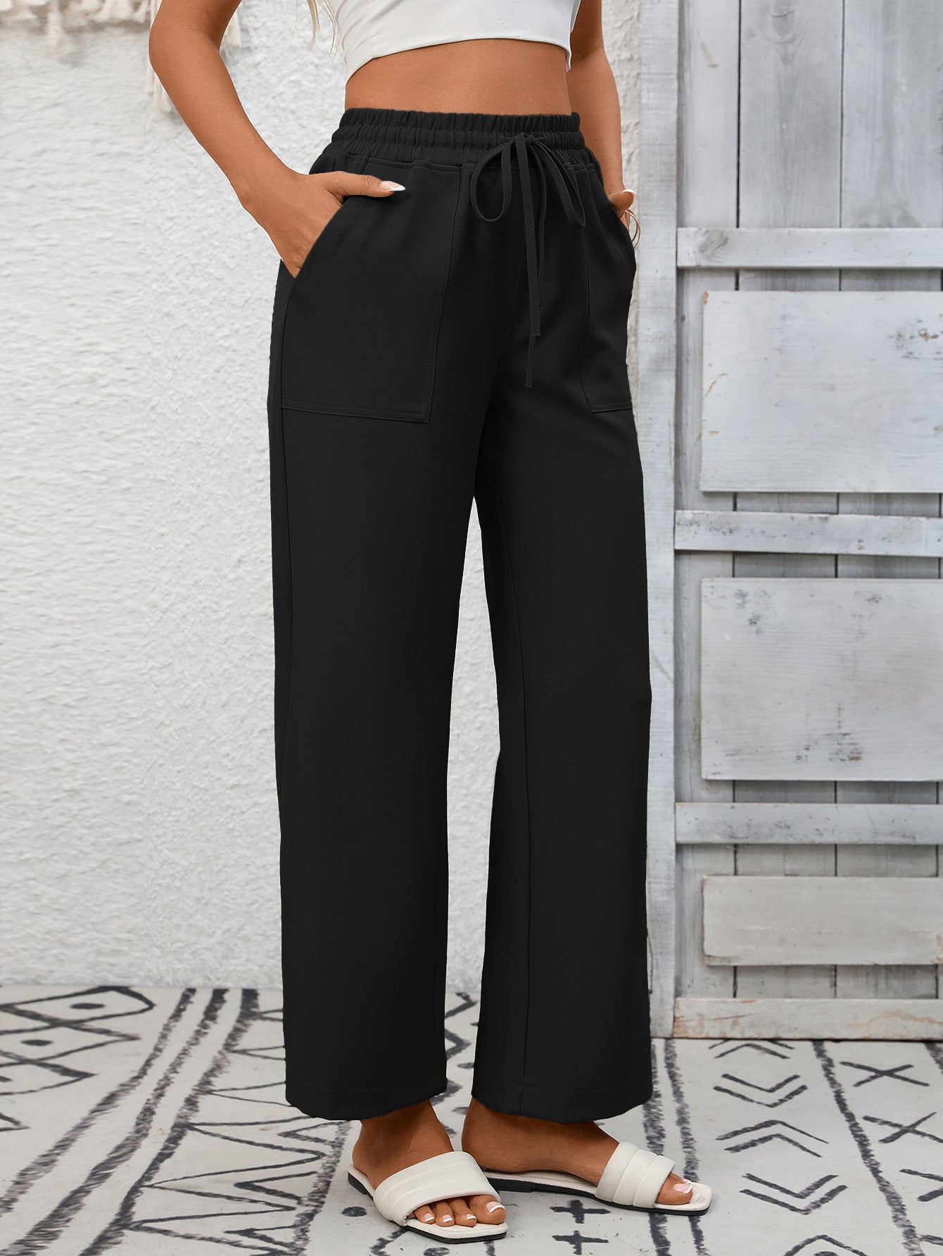 Wide Leg Drawstring Pants with Pockets High Waist Casual