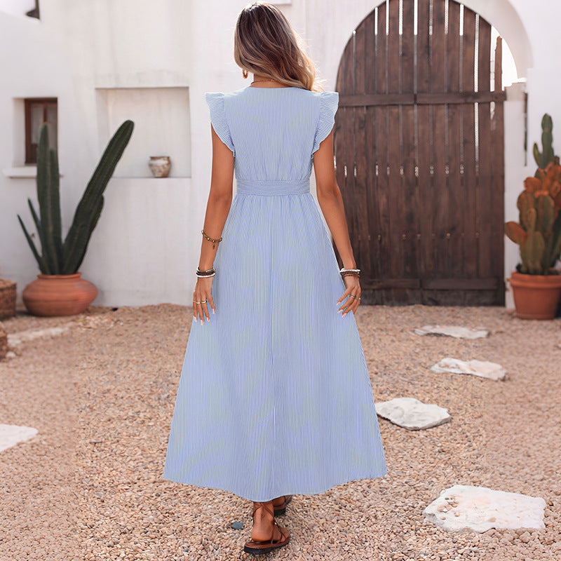 Button Front Sleeveless Ruffle Shoulder A-Line Maxi Dress