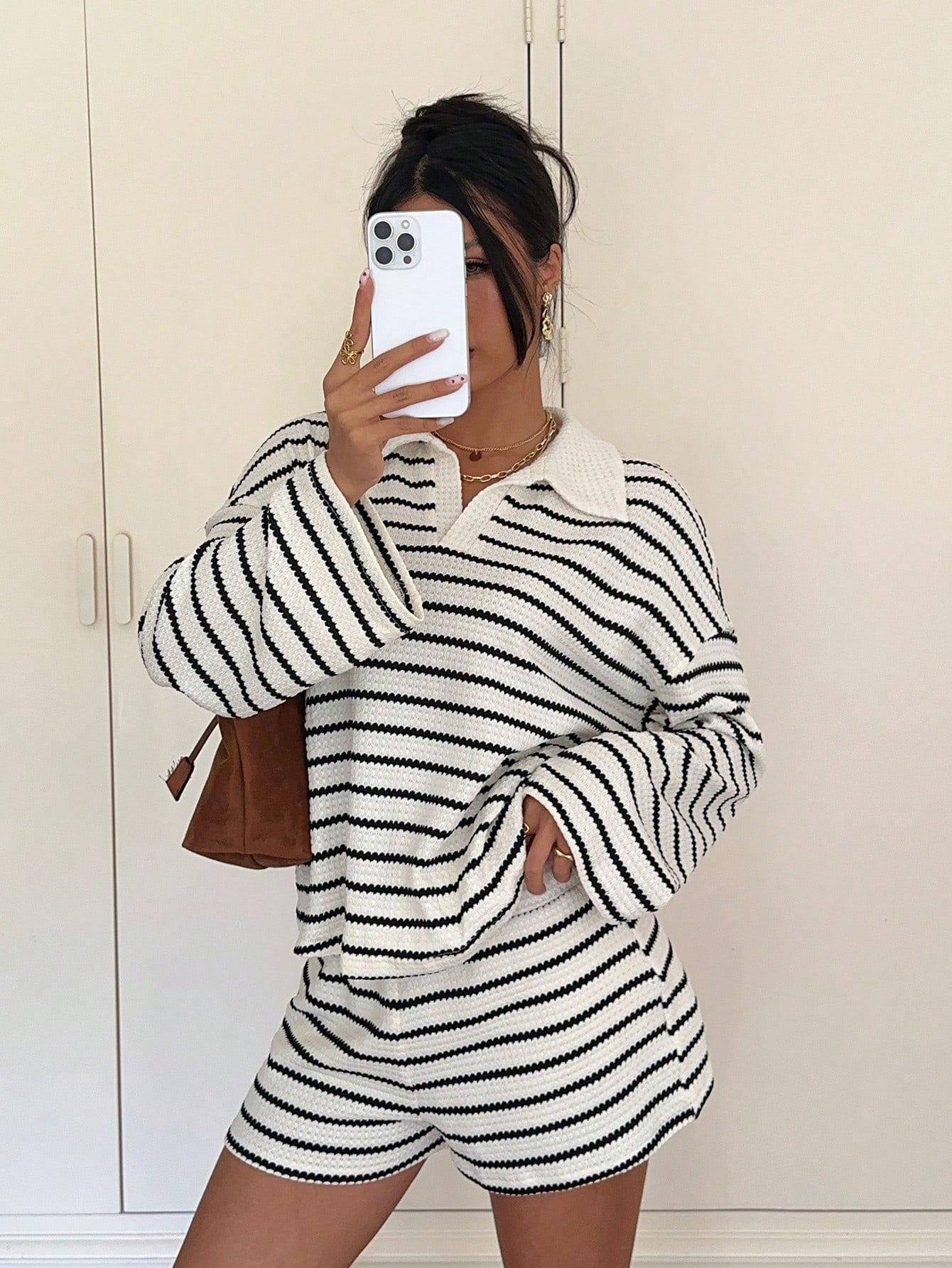 Striped Polo Lounge Set Resort Textured Collared Oversized