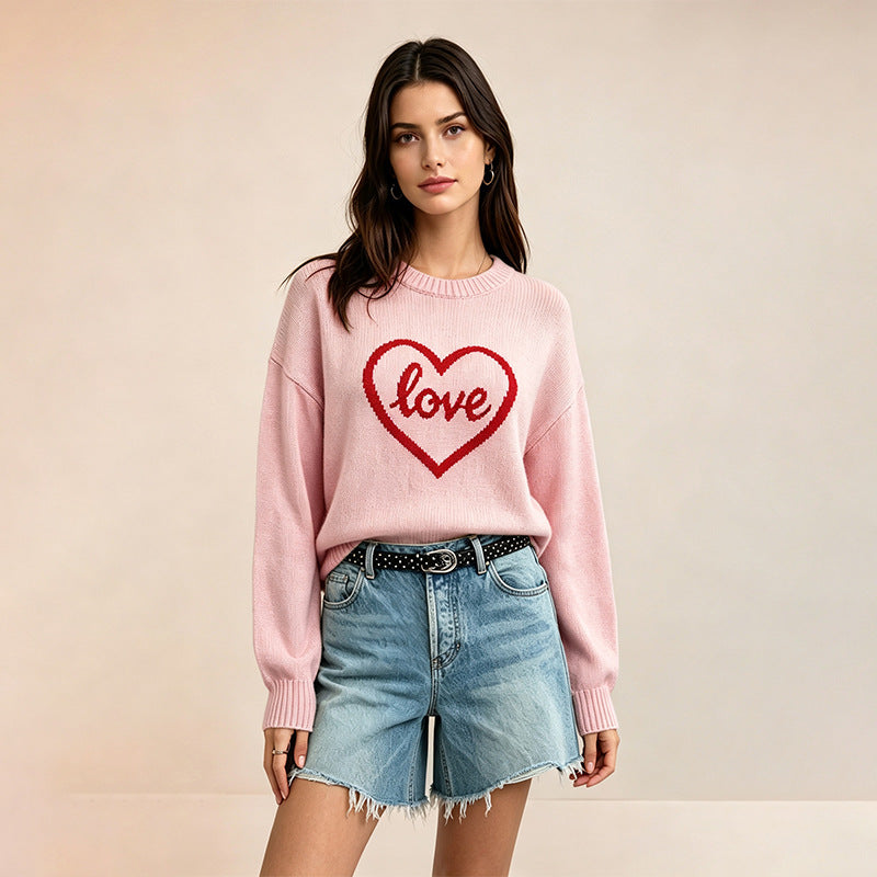 Women's Heart Graphic Crewneck Knit Pullover Sweater