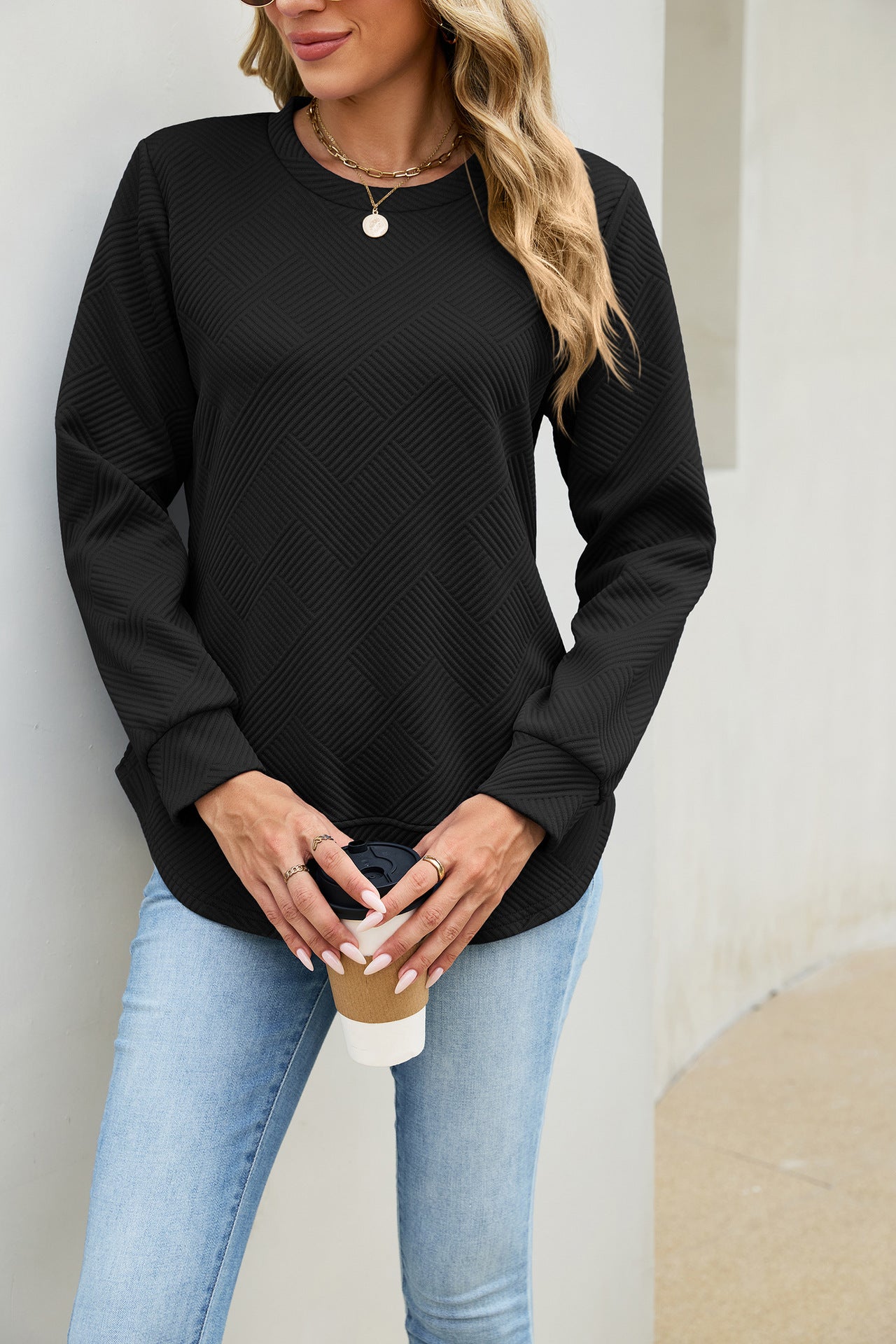 Solid Textured Cotton Sweatshirt Relaxed Long Sleeve Top