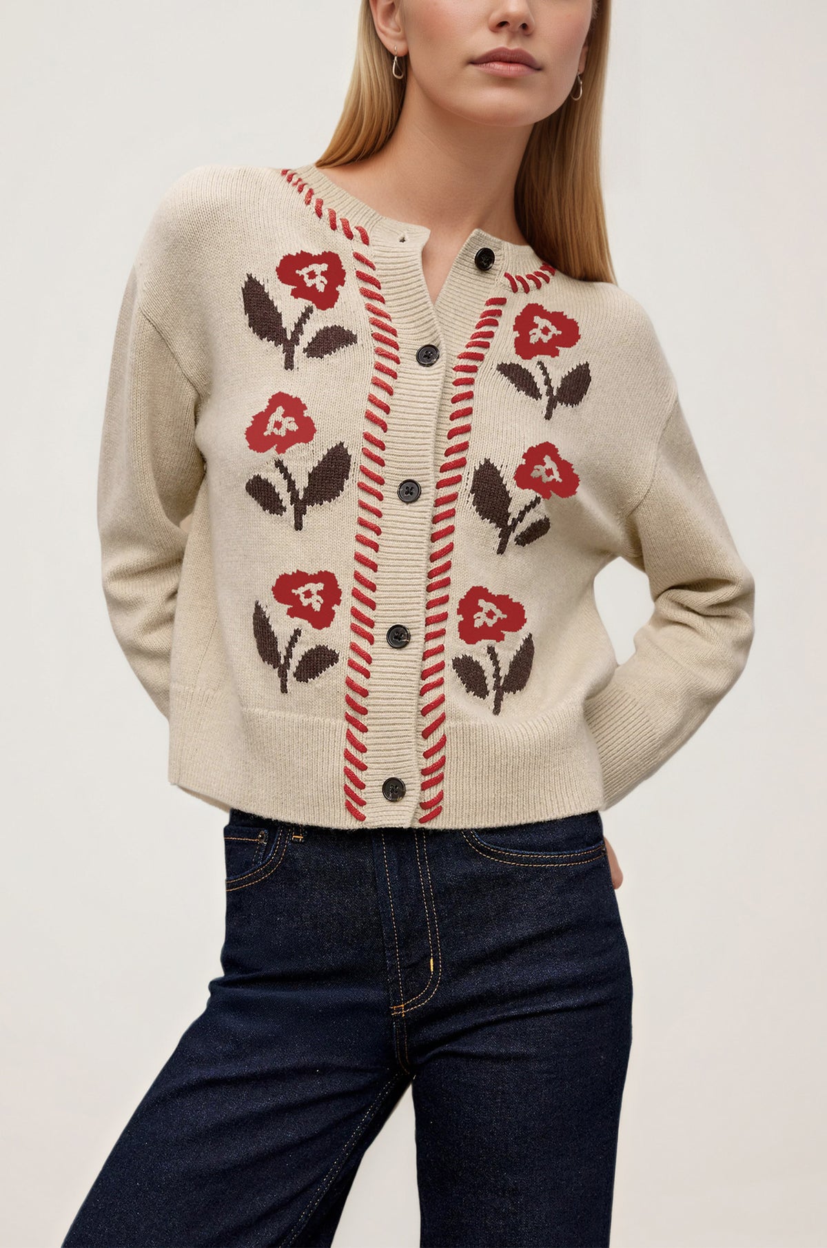 Women's Vintage Floral Knit Cardigan Button Front Sweater