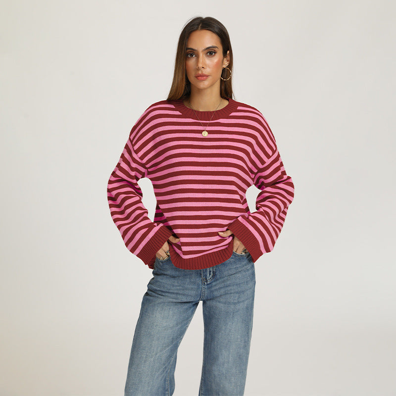Striped Oversized Crew Neck Knit Sweater Casual Pullover