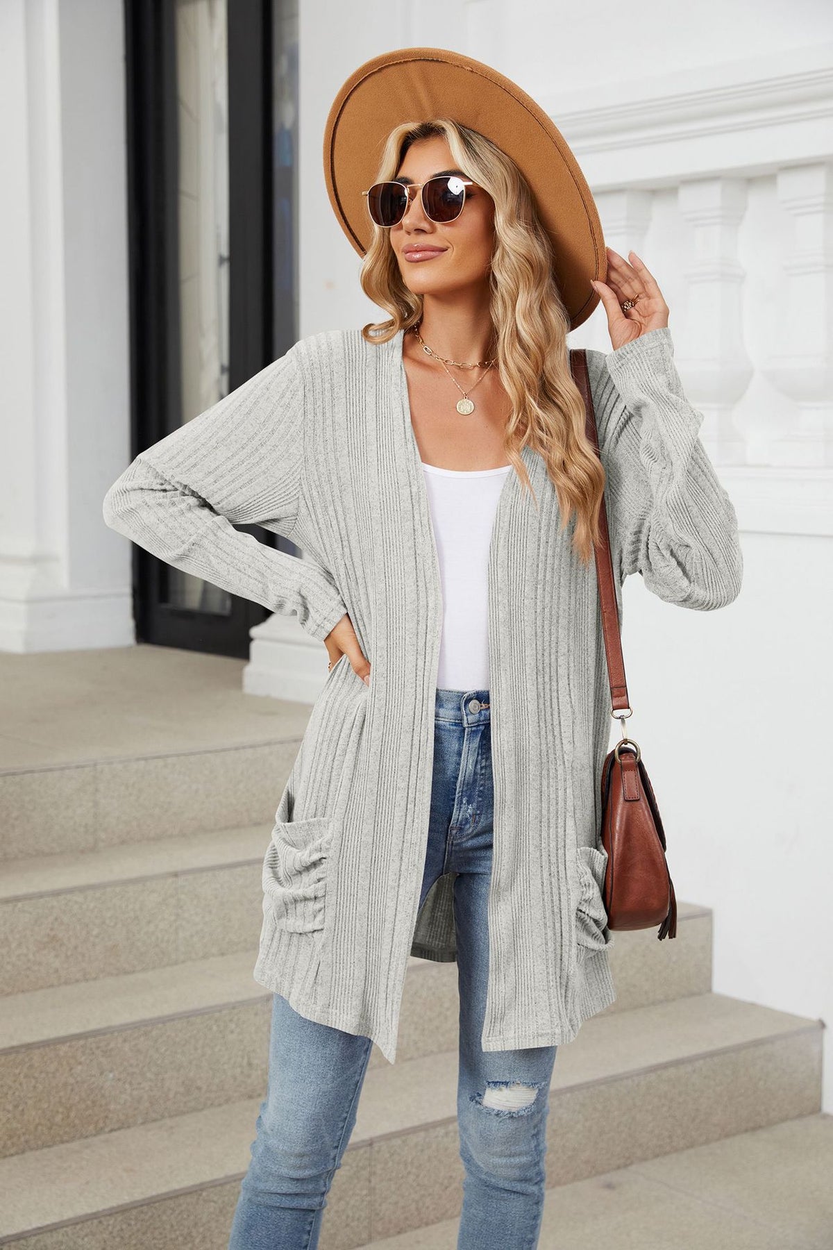 Women's Ribbed Long Cardigan Open Front with Pockets