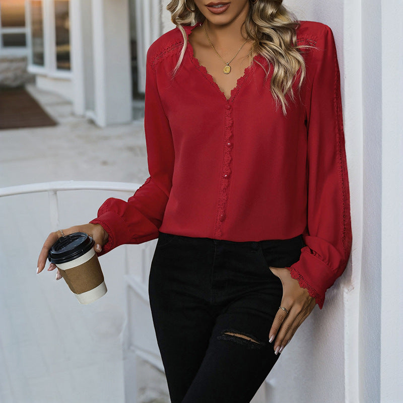 Elegant V Neck Long Sleeve Blouse Casual Fall Top
