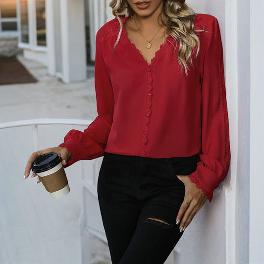 Elegant V Neck Long Sleeve Blouse Casual Fall Top