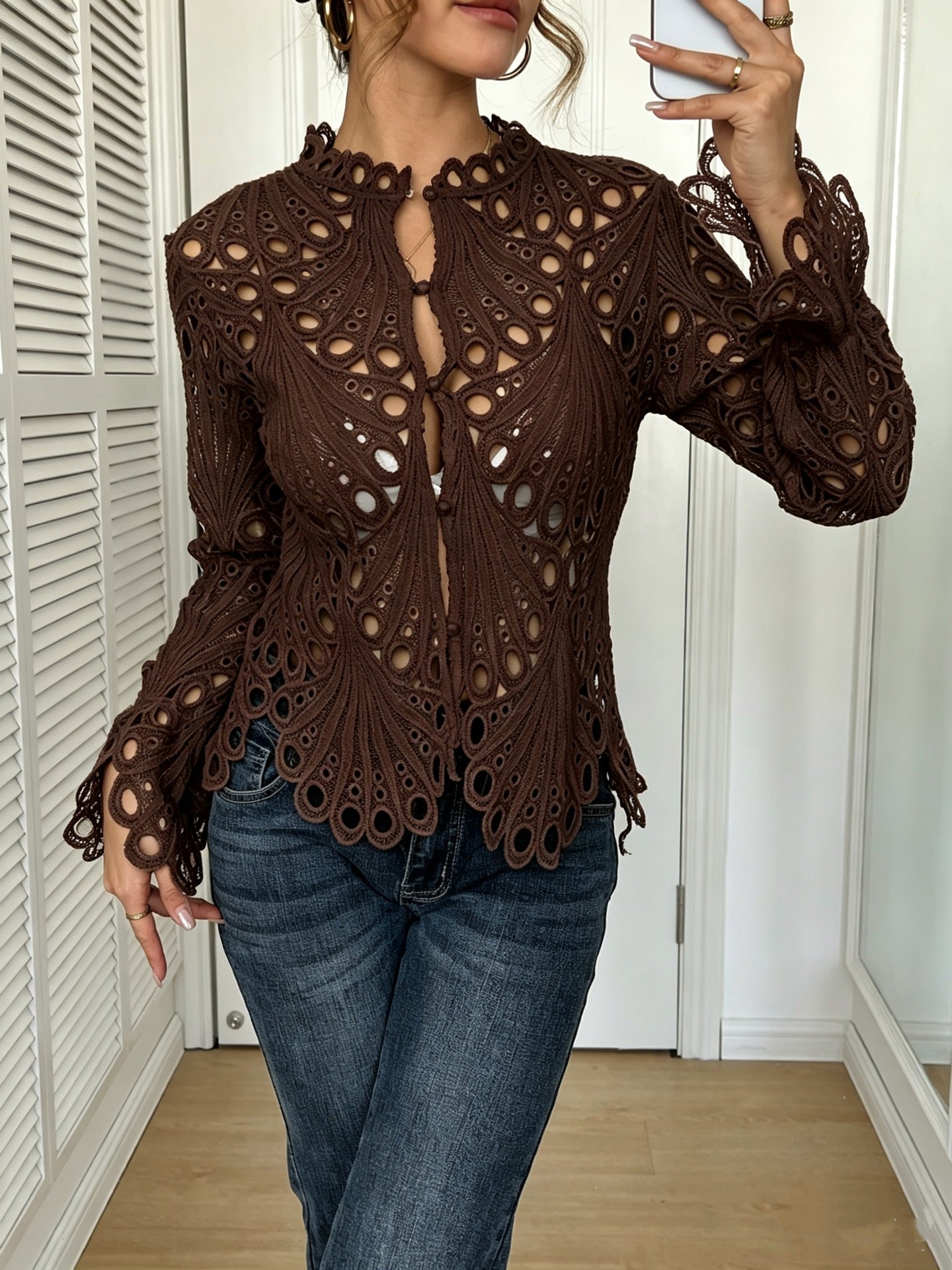 Crochet Lace Blouse with Sheer Bell Sleeves and Buttons