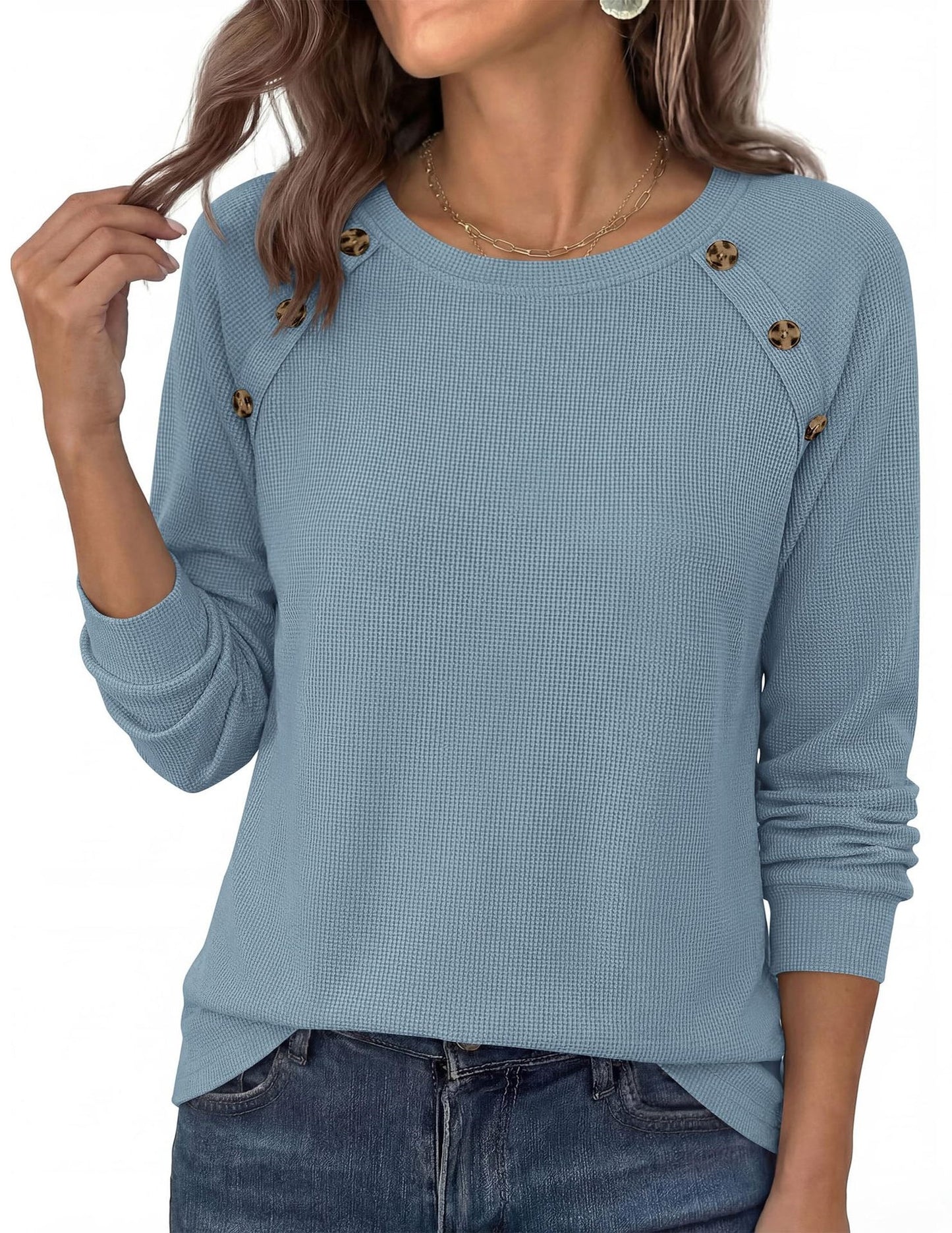 Waffle Knit Button Detail Top Long Sleeve Casual Pullover
