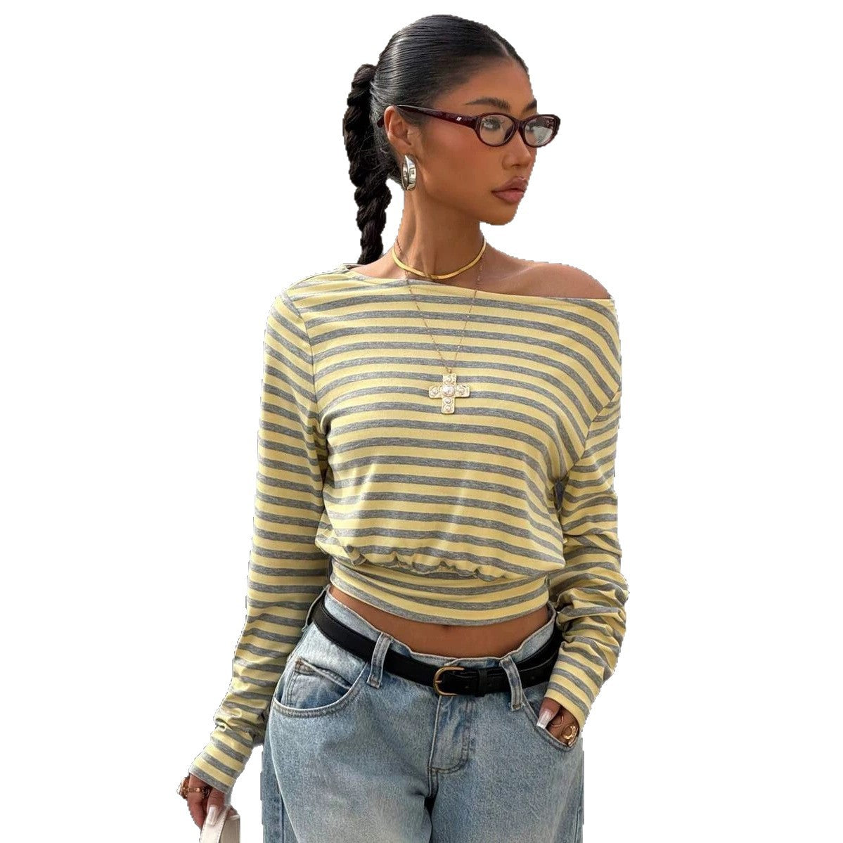 Y2K Striped Off Shoulder Long Sleeve Ribbed Crop Top