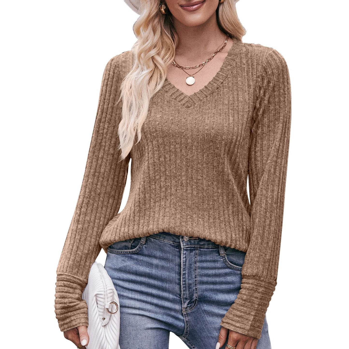 Ribbed V Neck Long Sleeve Knit Top for Women