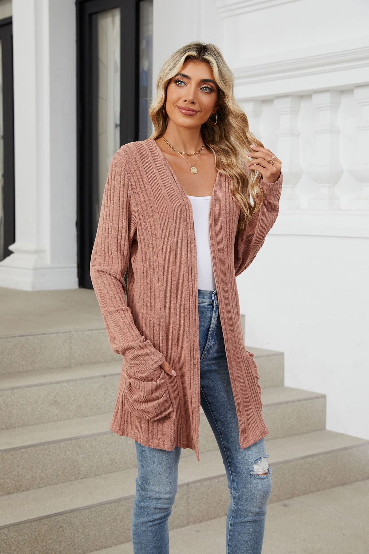 Women's Ribbed Long Cardigan Open Front with Pockets