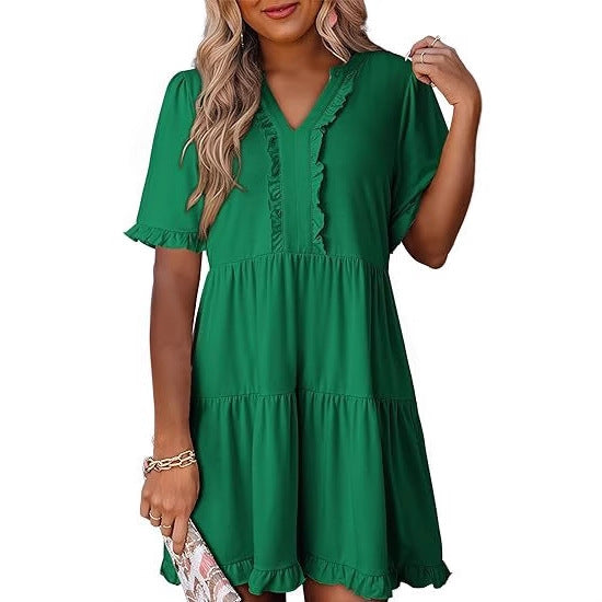 Green V Neck Ruffle Trim A Line Tiered Mini Dress