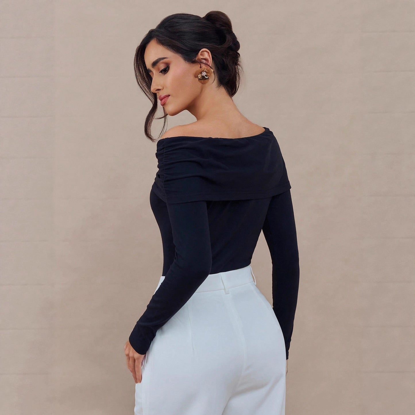 Black Off Shoulder Butterfly Brooch Long Sleeve Top