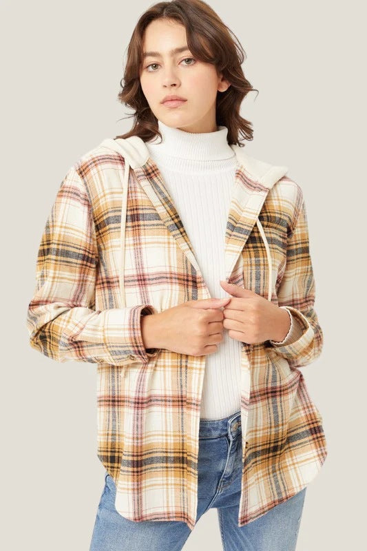Plaid Hooded Shacket Button Front Oversized Fit