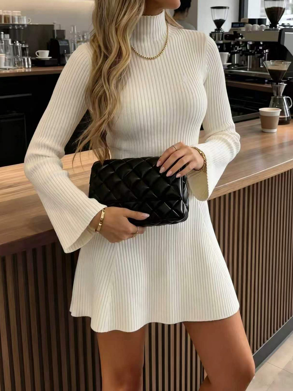 Women's Ribbed Mock Neck Long Sleeve Bodycon Mini Dress